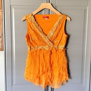 MOA USA Y2K Fairycore Silk Embellished Ruffle Empire Waist Tank Top, Orange, M